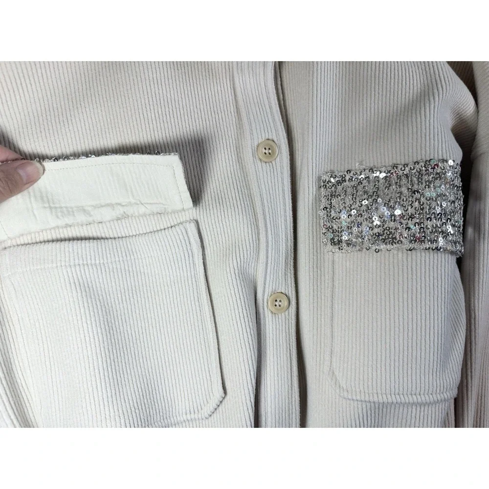 Bad Little Country Girl Women LARGE Ivory Silver Sequin Oversized Ribbed Shacket